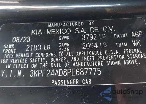 2023 Kia Forte Lxs z USA, uszkodzony, nr VIN 3KPF24AD8PE687775